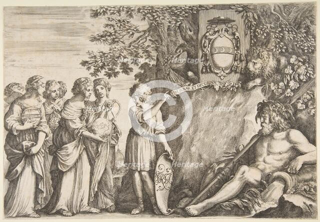 Ornament design for a thesis, the Strozzi coat of arms at top, ca. 1660. Creator: Stefano della Bella.