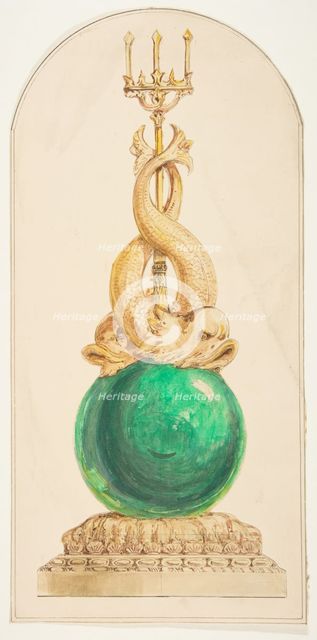 Ornament Design with a Trident and Two Fish, 19th century. Creator: Anon.