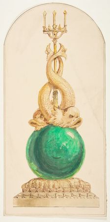 Ornament Design with a Trident and Two Fish, 19th century. Creator: Anon