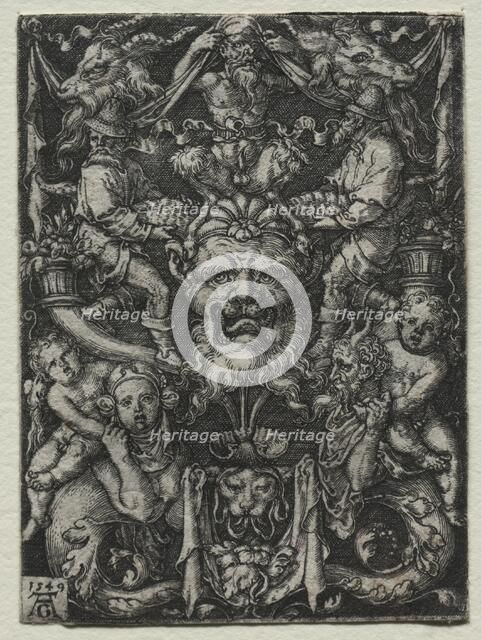 Ornament Design with a Mask, A Couple of Tritons, and Two Children Below, 1549. Creator: Heinrich Aldegrever (German, 1502-1555/61).