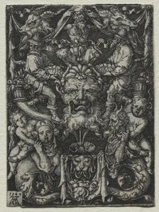 Ornament Design with a Mask, A Couple of Tritons, and Two Children Below, 1549. Creator: Heinrich Aldegrever (German, 1502-1555/61)