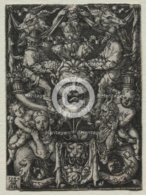 Ornament Design with a Mask, A Couple of Tritons, and Two Children Below, 1549. Creator: Heinrich Aldegrever (German, 1502-1555/61).