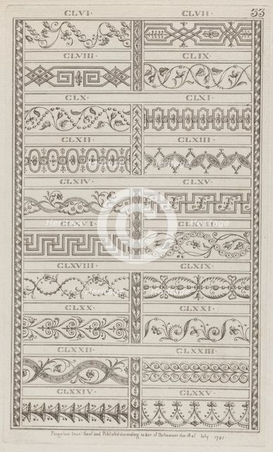 Ornament Designs, nos. CLVI to CLXXV ("Designs for Various Ornaments," pl. 33), July 1, 1781. Creator: Michelangelo Pergolesi.