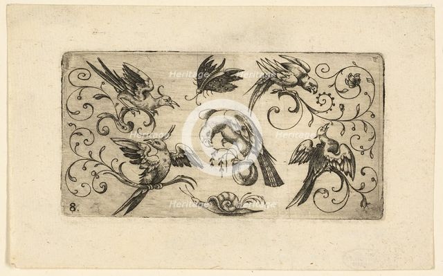 Ornament Panels with Birds: Plate 8, 1617. Creator: Adrian Muntink.