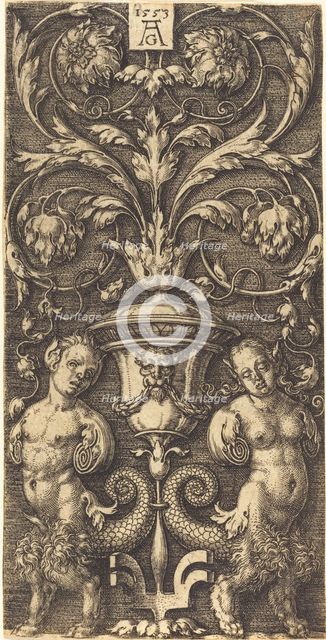 Ornament with Vase and Two Female Figures, 1553. Creator: Heinrich Aldegrever.