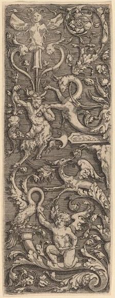 Ornament with a Cupid, a Satyr, and Grotesque Figures. Creator: Master of the Horse Heads