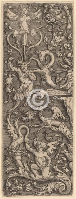 Ornament with a Cupid, a Satyr, and Grotesque Figures. Creator: Master of the Horse Heads.