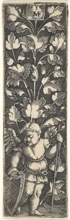 Ornament with a Genius Holding a Shield, 1536. Creator: Master MVHF