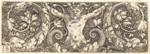 Ornament with Fantastic Satyr and Dolphins. Creator: Master I. B..