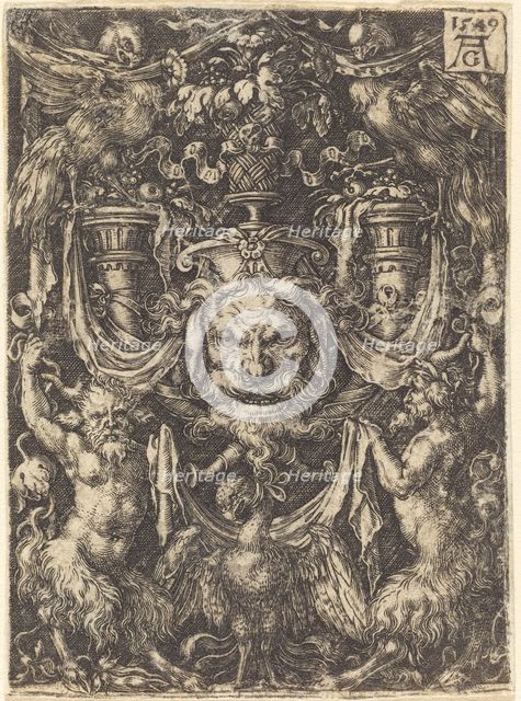 Ornament with Mask, Eagle between Satyrs Below, 1549. Creator: Heinrich Aldegrever.