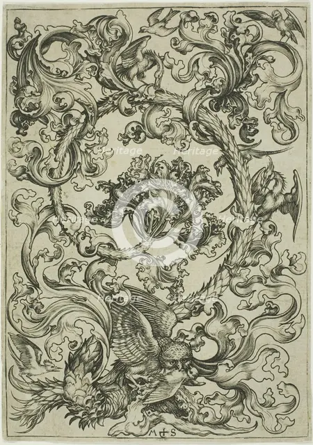 Ornament with Owl Mocked by Day Birds, c. 1474. Creator: Martin Schongauer.