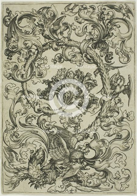 Ornament with Owl Mocked by Day Birds, c. 1474. Creator: Martin Schongauer.
