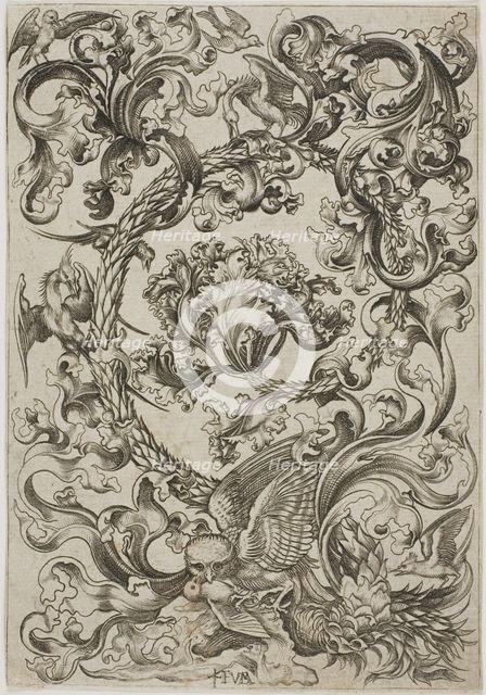 Ornament with Owl Mocked by Day Birds, c.1480. Creator: Master FVB.