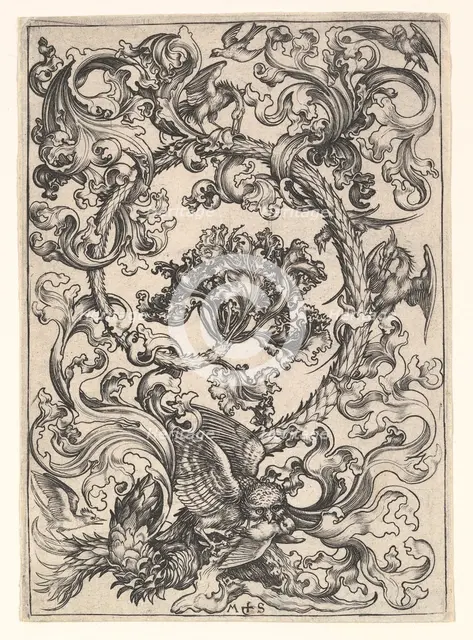 Ornament with Owl Mocked by Day Birds, ca. 1435-1491. Creator: Martin Schongauer.