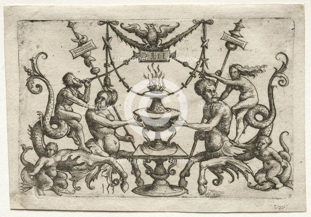 Ornament with Siren and Triton. Creator: Daniel I Hopfer (German, c. 1470-1536).