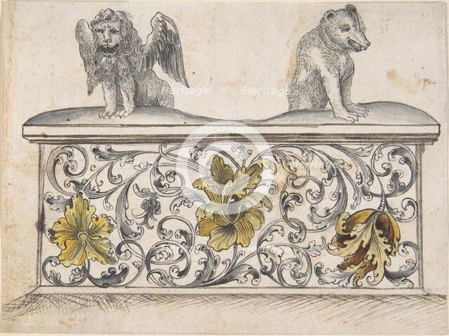 Ornamental design for front of a chest with winged lion and bear, 19th century. Creator: Anon.
