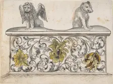 Ornamental design for front of a chest with winged lion and bear, 19th century. Creator: Anon