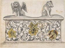 Ornamental design for front of a chest with winged lion and bear, 19th century. Creator: Anon