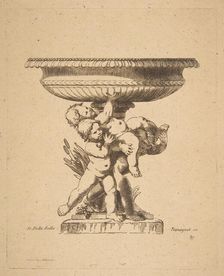 Ornamental design of three children holding up a fountain, 19th century. Creator: Auguste Pequegnot