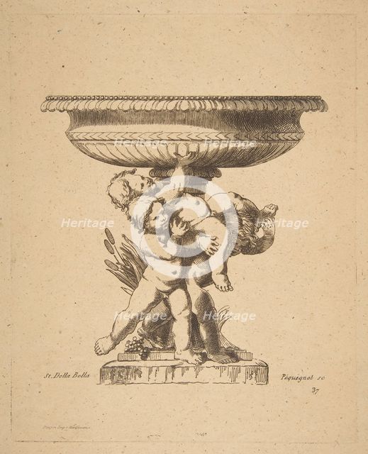 Ornamental design of three children holding up a fountain, 19th century. Creator: Auguste Pequegnot.