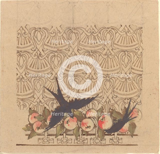 Ornamental design with two birds pecking at fruit, c.1890s. Creator: Karel Vitezslav Masek.