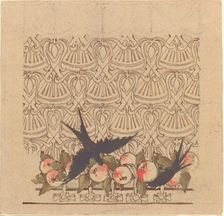 Ornamental design with two birds pecking at fruit, c.1890s. Creator: Karel Vitezslav Masek
