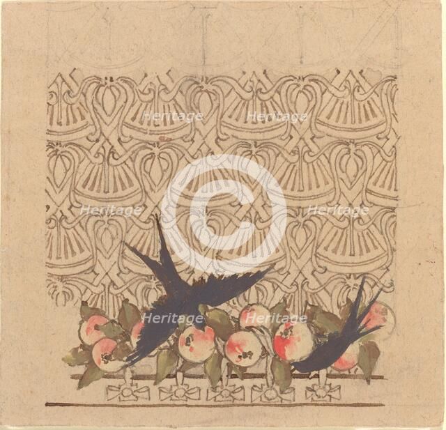 Ornamental design with two birds pecking at fruit, c.1890s. Creator: Karel Vitezslav Masek.