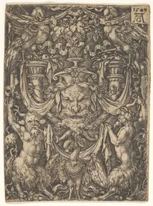 Ornamental Design with a Mask and an Eagle between Two Fauns below, 1549. Creator: Heinrich Aldegrever