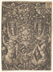 Ornamental Design with a Mask and an Eagle between Two Fauns below, 1549. Creator: Heinrich Aldegrever