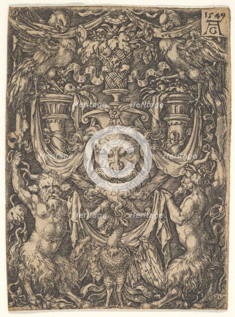 Ornamental Design with a Mask and an Eagle between Two Fauns below, 1549. Creator: Heinrich Aldegrever.