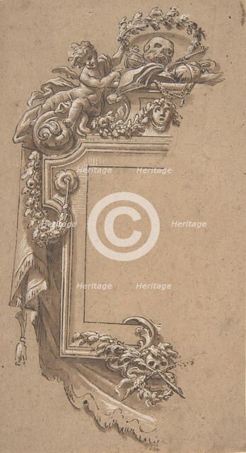 Ornamental Design with Putto and Skulls, 17th century. Creator: Anon.