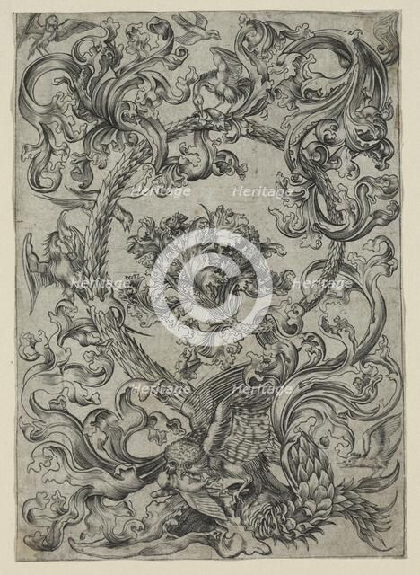 Ornamental Foliage, with an Owl and other Birds, 1400s. Creator: Unknown.