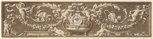 Ornamental frieze with putti, acanthus leaves, and garlands of fruit, from Recueil de Diff..., 1784. Creator: Jean Jacques Lagrenee.