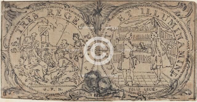 Ornamental Medallions with the Adoration of the Magi and Two Bibliophiles. Creator: Hubert Francois Gravelot.