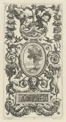 Ornamental Panel with Pan and Two Garland-Bearing Women, 1647. Creator: Michel Dorigny