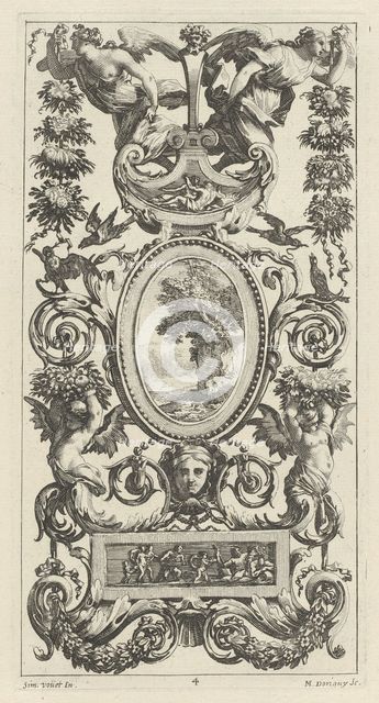Ornamental Panel with Pan and Two Garland-Bearing Women, 1647. Creator: Michel Dorigny.