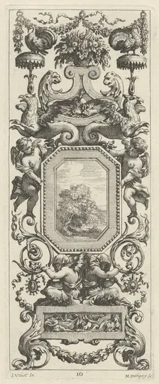 Ornamental Panel Surmounted by a Basket of Flowers and a Garland, 1647. Creator: Michel Dorigny