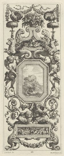 Ornamental Panel Surmounted by a Basket of Flowers and a Garland, 1647. Creator: Michel Dorigny