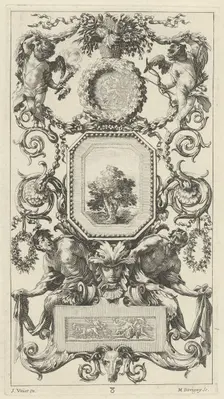 Ornamental Panel Surmounted by a Basket of Flowers with Cupid and Hymen, 1647. Creator: Michel Dorigny