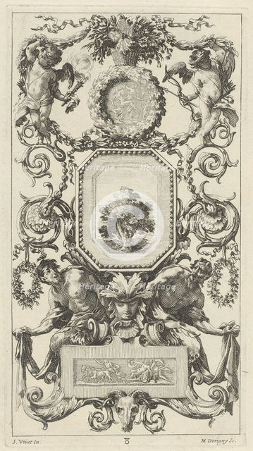 Ornamental Panel Surmounted by a Basket of Flowers with Cupid and Hymen, 1647. Creator: Michel Dorigny.