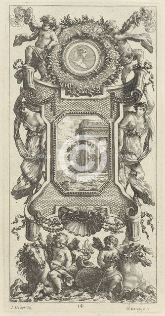 Ornamental Panel Surmounted by a Bust of a Woman and Two Putti with Flaming Trumpets, 1647. Creator: Michel Dorigny.
