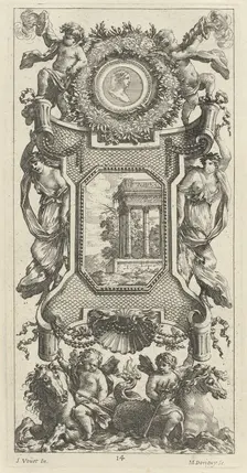 Ornamental Panel Surmounted by a Bust of a Woman and Two Putti with Flaming Trumpets, 1647. Creator: Michel Dorigny
