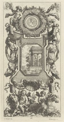 Ornamental Panel Surmounted by a Bust of a Woman and Two Putti with Flaming Trumpets, 1647. Creator: Michel Dorigny