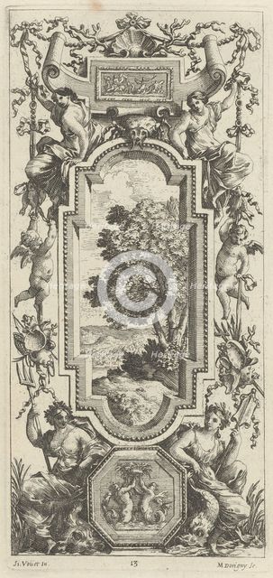 Ornamental Panel Surmounted by a Maritime Scene and a Shell, 1647. Creator: Michel Dorigny.