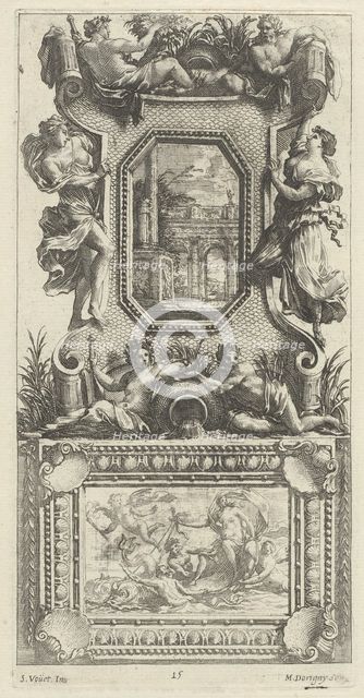 Ornamental Panel Surmounted by a Naiad and a River God, 1647. Creator: Michel Dorigny.