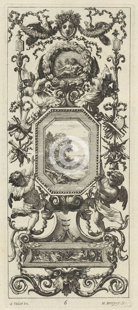 Ornamental Panel Surmounted by the Crowned Head of a Woman and Two Peacocks, 1647. Creator: Michel Dorigny.