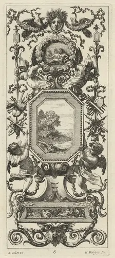 Ornamental Panel Surmounted by the Crowned Head of a Woman and Two Peacocks, 1647. Creator: Michel Dorigny