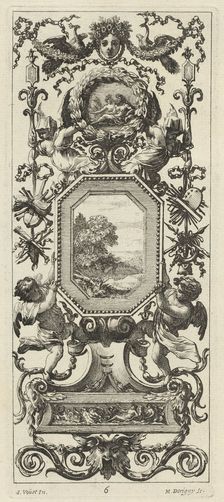 Ornamental Panel Surmounted by the Crowned Head of a Woman and Two Peacocks, 1647. Creator: Michel Dorigny