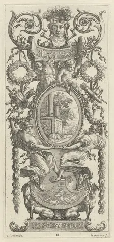 Ornamental Panel Surmounted with a Head Flanked by Foliage, 1647. Creator: Michel Dorigny