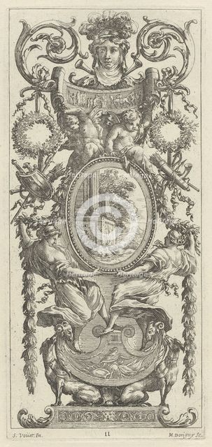 Ornamental Panel Surmounted with a Head Flanked by Foliage, 1647. Creator: Michel Dorigny.